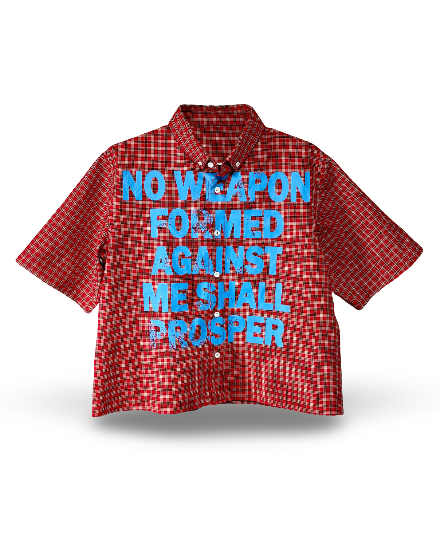 'NO WEAPON FORMED' PLAID BUTTON SHIRT