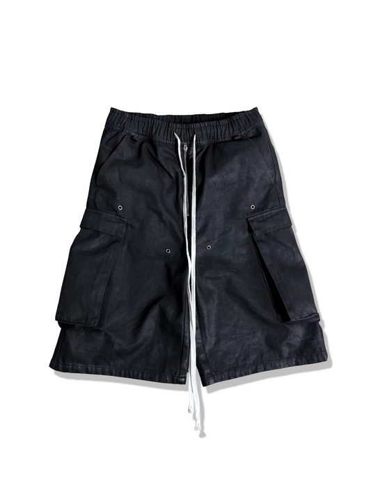 WAXED DENIM LONG CARGO SHORTS