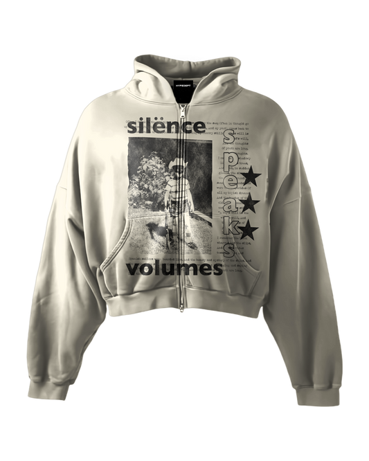 'SILENCE SPEAKS VOLUMES' HEAVYWEIGHT BOXY ZIPUP HOODIE